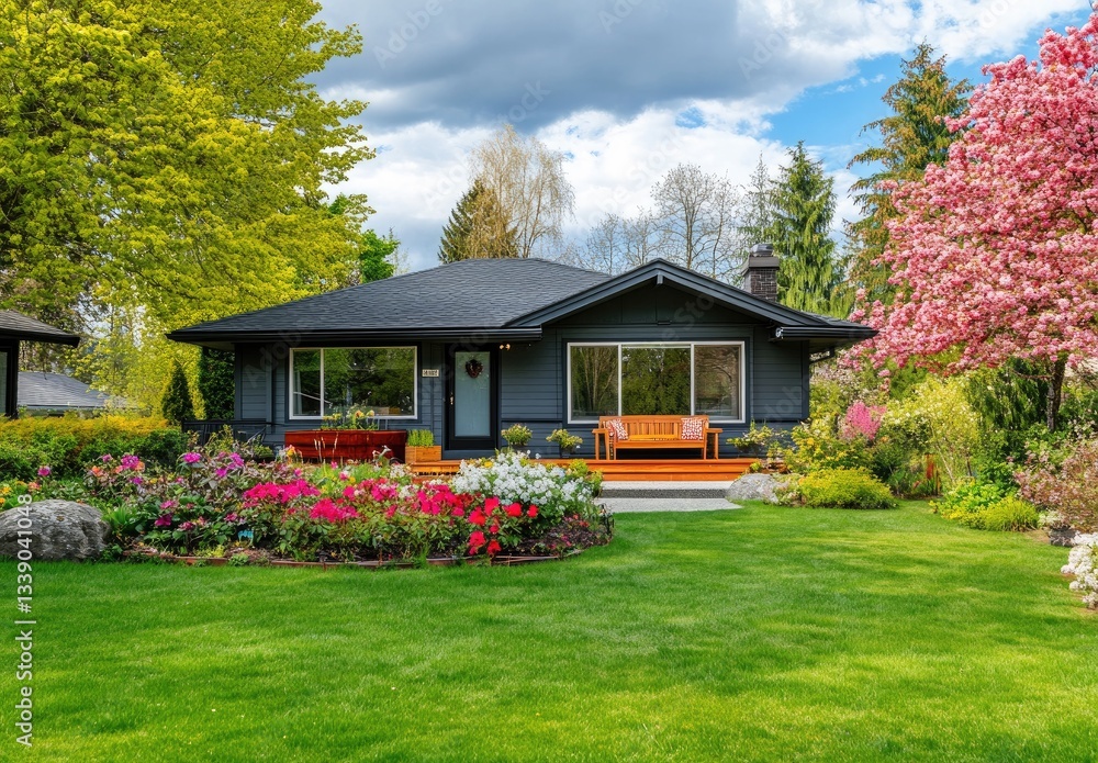 Fototapeta premium Wide shot of a front yard in springtime in Vancouver. The physical house has a grey exterior and white trim