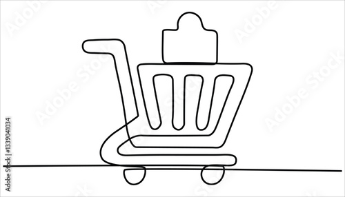 Shopping cart continuous one line drawing. Online shopping in store. Single continuous line art shopping cart trolley. Trolley shopping cart business concept. 
