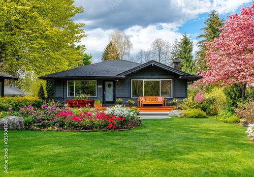 Wide shot of a front yard in springtime in Vancouver. The physical house has a grey exterior and white trim