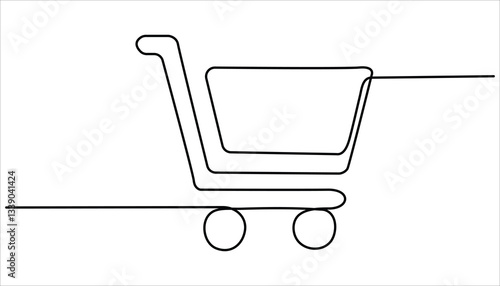 Shopping cart continuous one line drawing. Online shopping in store. Single continuous line art shopping cart trolley. Trolley shopping cart business concept. 
