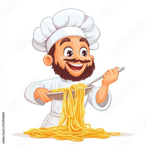 Joyful Cartoon Chef Preparing Spaghetti in White Uniform