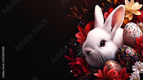 A cute white rabbit is nestled among decorated Easter eggs and colorful flowers on a dark background, creating a festive and artistic illustration, wi