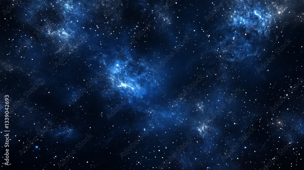 Naklejka premium Glowing nebula with blue and white hues against a dark background, featuring scattered stars and cosmic dust. Image evokes wonder and mystery