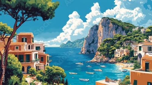 Capri Italy Poster Illustration Travel Print Decor Gift Paper Canvas Wall Retro Art