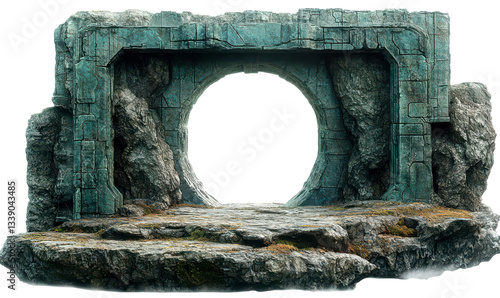 Mysterious Ancient Gateway in Sci-Fi Landscape with Rock Formations Isolate on Transparent Background, cutout, png