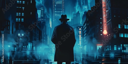 Detective in a noir cityscape, comic art style, 4K illustration