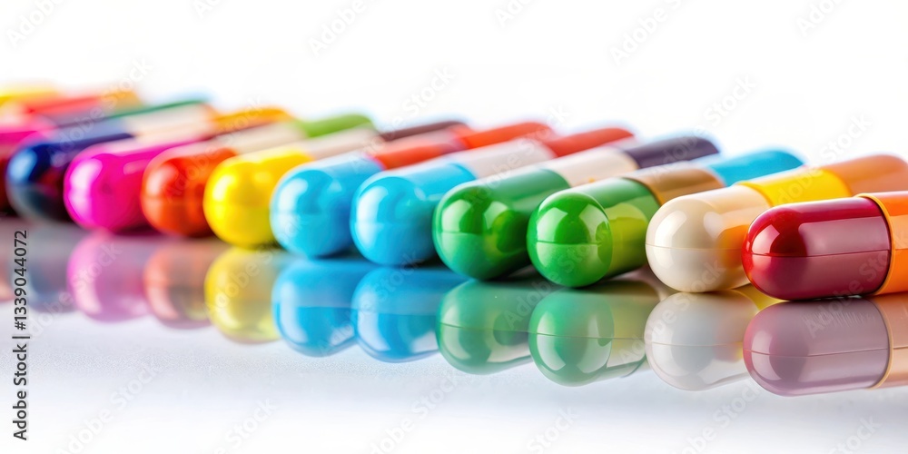 Close-up of colorful pharmaceutical pills and capsules arranged in a row on a white background, with a subtle spotlight highlighting the details , medicine cabinet, health Close-up of colorful pharmaceutical pills and capsules arranged in a row on a white background, with a subtle spotlight highlighting the details , medicine cabinet, health