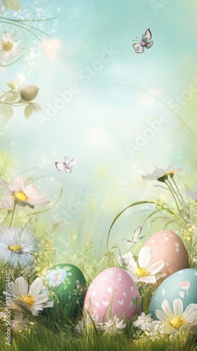 Creative layout with easter eggs and spring flowers, greeting card, party invitation template, easter sales