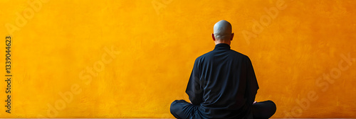 a solitary figure meditating in a Taoist temple - the Taoist practices of mindfulness and meditation wide banner - yellow background
