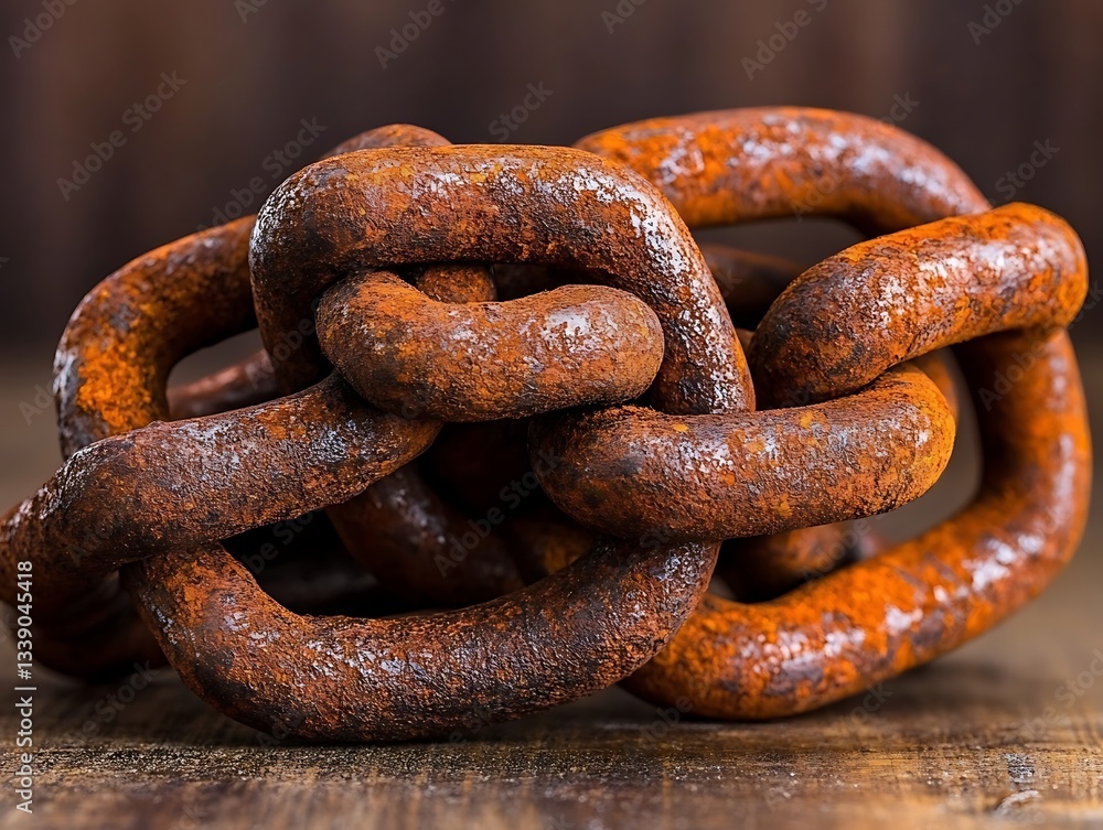 Rusty chain on wood table, close-up, texture in background Rusty chain on wood table, close-up, texture in background