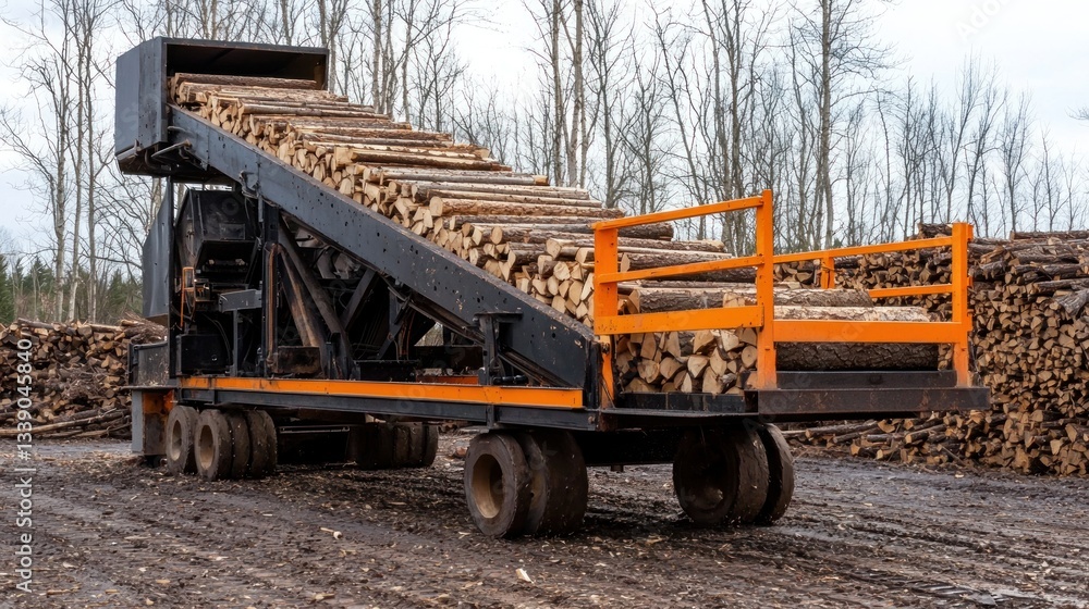 Obraz premium A firewood processor machine in a lumberyard, producing split logs.