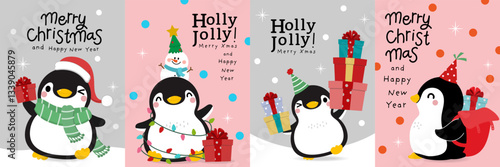 Merry Christmas and happy new year with cute little penguins in xmas hat and gift.  -Vector