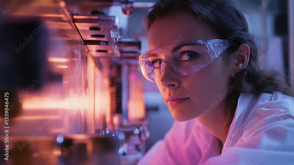 Obraz premium Caucasian female scientist in laboratory wearing safety glasses conducting experiment