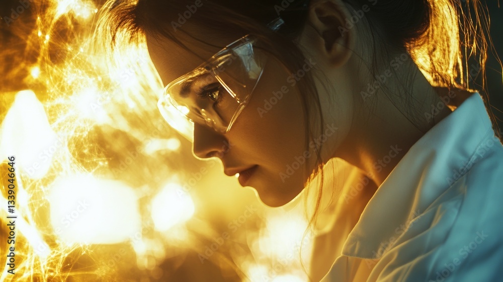 Fototapeta premium Female scientist in laboratory setting with protective eyewear, experimental lighting