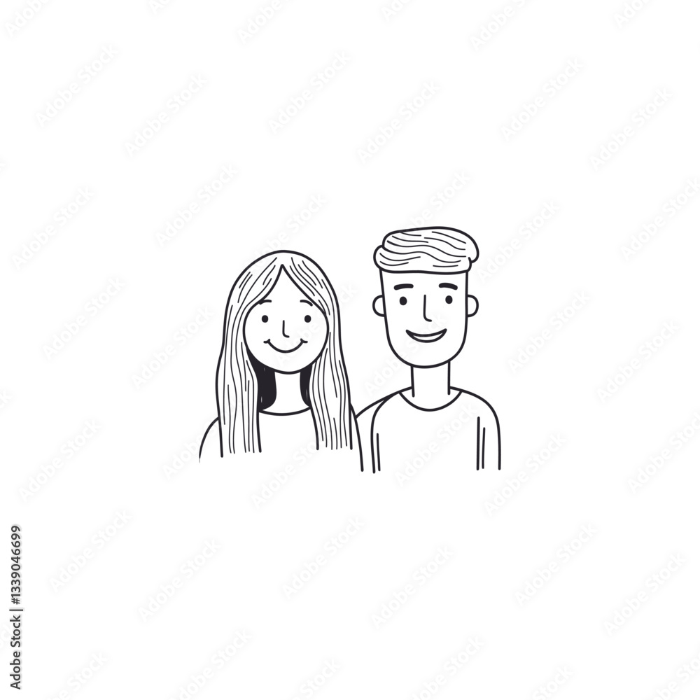 Black and White Minimalistic Vector Illustration of Two People, One Smiling and the Other with an Obscured Face – Symbolic Representation of Interaction and Diversity. Black and White Minimalistic Vector Illustration of Two People, One Smiling and the Other with an Obscured Face – Symbolic Representation of Interaction and Diversity.