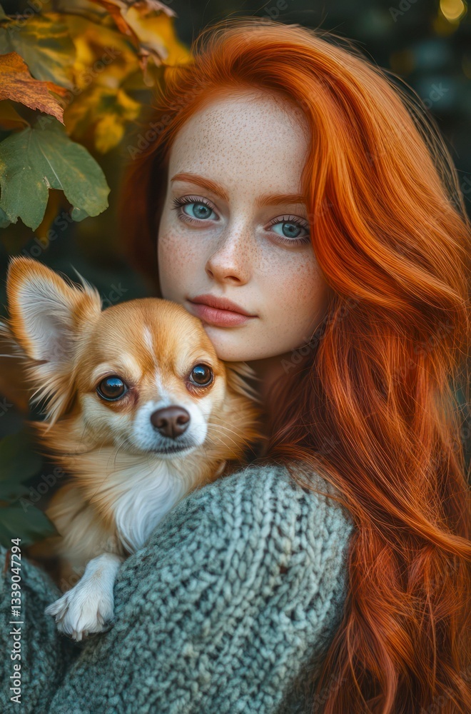 Portrait of a young beautiful red haired woman with her pet cute Chihuahua dog. Portrait of a young beautiful red haired woman with her pet cute Chihuahua dog.