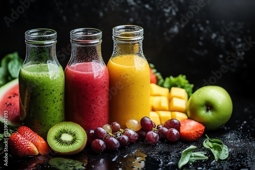 Wallpaper Mural three bottles of colorful smoothie with fresh fruits on dark background Torontodigital.ca