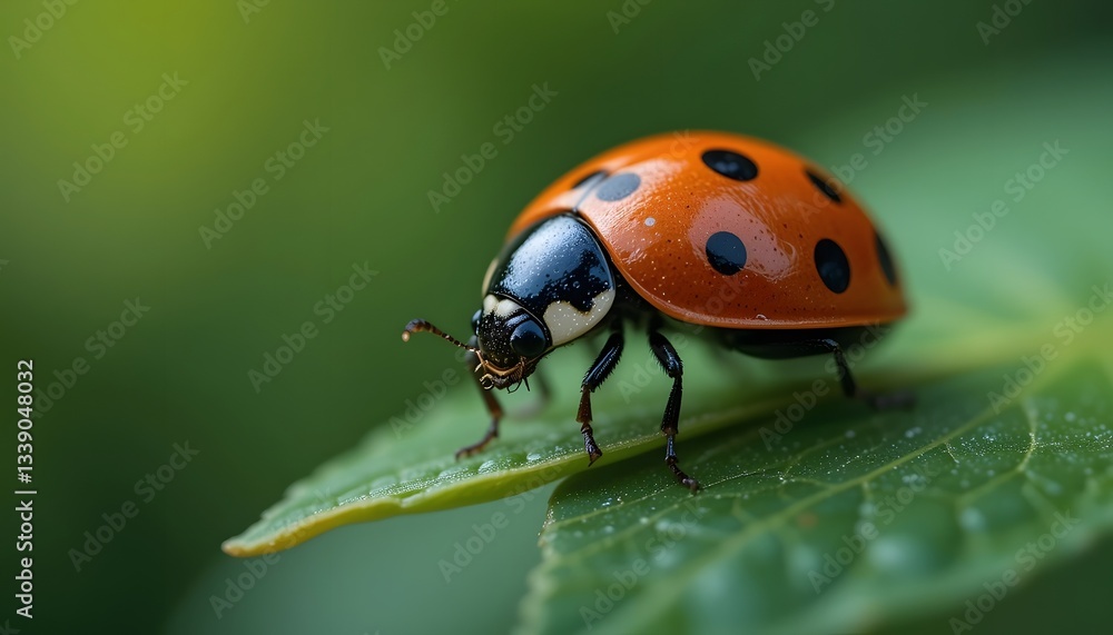 Fototapeta premium Vibrant Ladybug Perched on Dew-Kissed Leaf