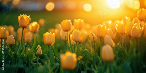 Golden yellow tulip field at sunset with warm sunlight and blurred meadow, springtime floral landscape during golden hour in nature