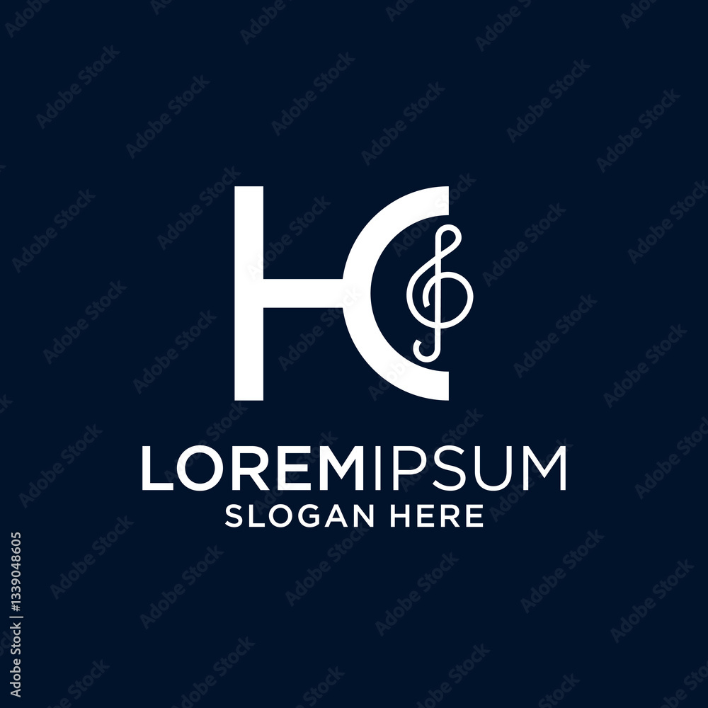 Modern Monogram Logo HC with Music Note, Dark Blue Background Modern Monogram Logo HC with Music Note, Dark Blue Background
