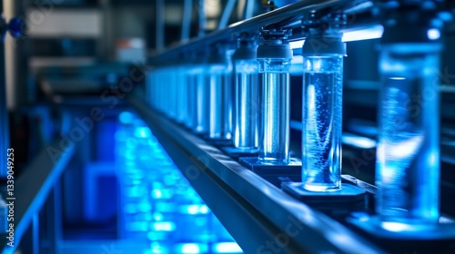 Close-up of blue biotechnological equipment with test tubes in laboratory setting