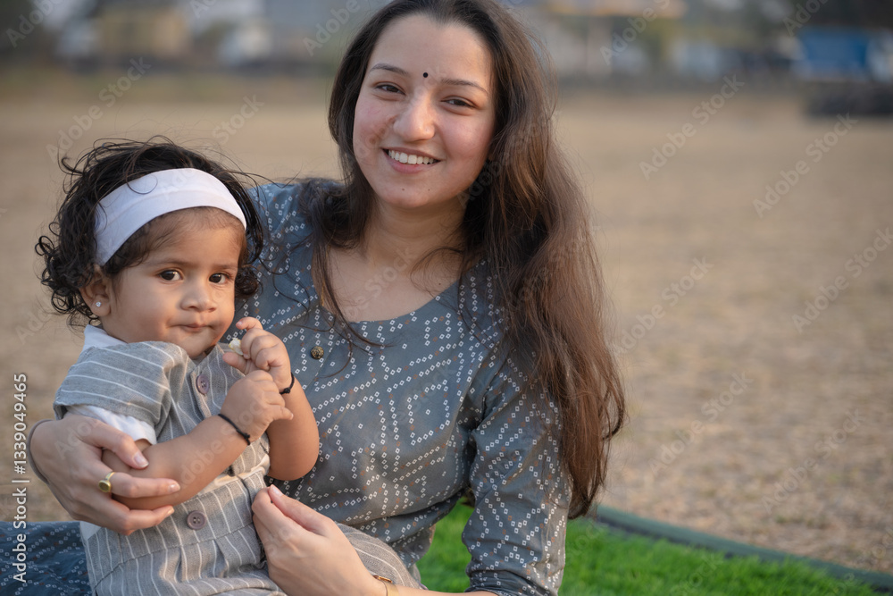 First Steps. Adorable smiling Indian mother walks with her infant son
First Steps. Adorable smiling Indian mother walks with her infant son