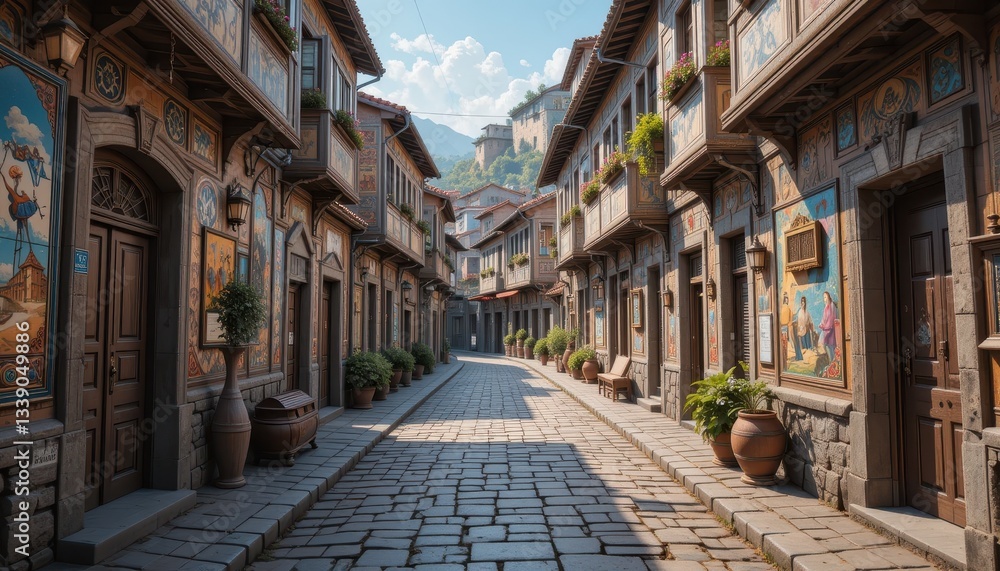 Fototapeta premium Charming cobblestone street old town photography historic setting eye-level urban exploration