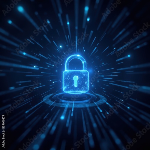 A high-tech background featuring a glowing holographic padlock made of light particles, surrounded by abstract digital circuits. The deep blue tones and subtle motion blur add a sense of security and 