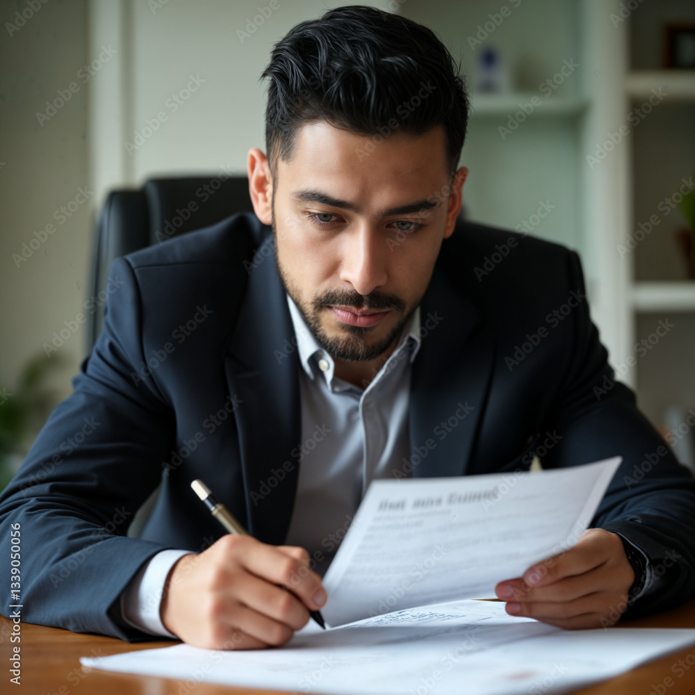 Un hombre hispano vestido de traje mira un contrato o documento en su escritorio con los ojos bien abiertos. Un hombre hispano vestido de traje mira un contrato o documento en su escritorio con los ojos bien abiertos.