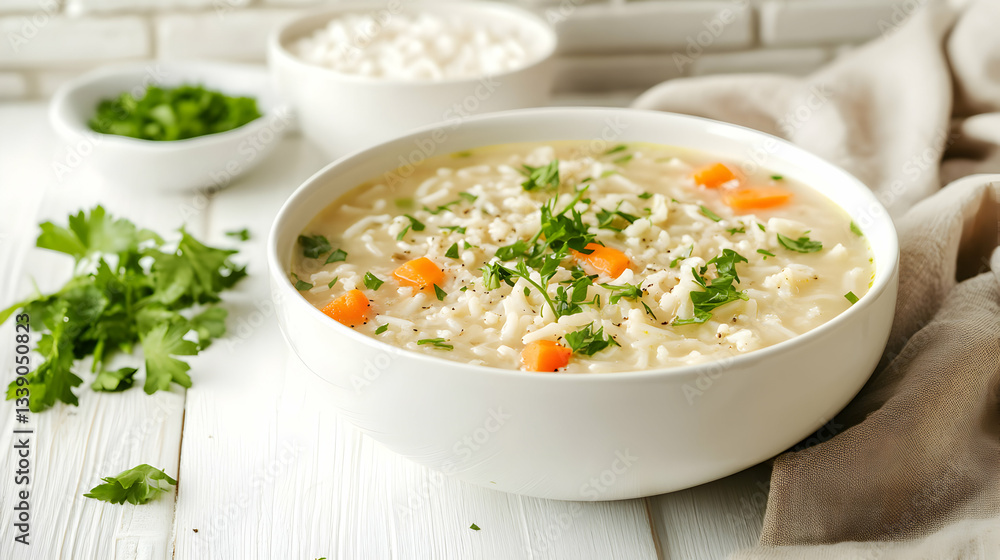 Comforting creamy rice soup presented in a bowl, accompanied with fresh herbs decoration Comforting creamy rice soup presented in a bowl, accompanied with fresh herbs decoration