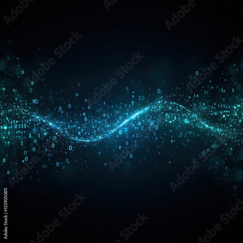 A dark, futuristic background with flowing streams of glowing binary code in blue and green. The numbers and data particles move in a dynamic wave, symbolizing artificial intelligence and digital tran