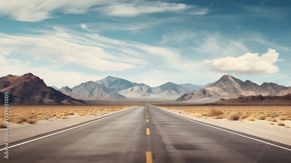 Vast Desert Road with Majestic Mountain Backdrop Under Cloudy Sky Vast Desert Road with Majestic Mountain Backdrop Under Cloudy Sky
