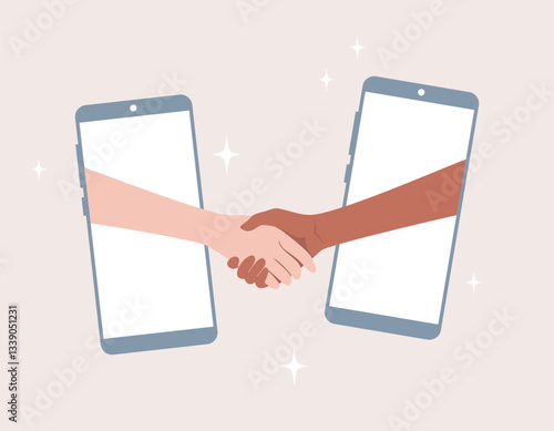 Handshake of people of different nationalities and skin tones through smartphone screens. Flat vector illustration