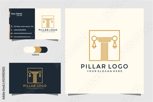 Modern Pillar Logo Design Template Set On Business Cards