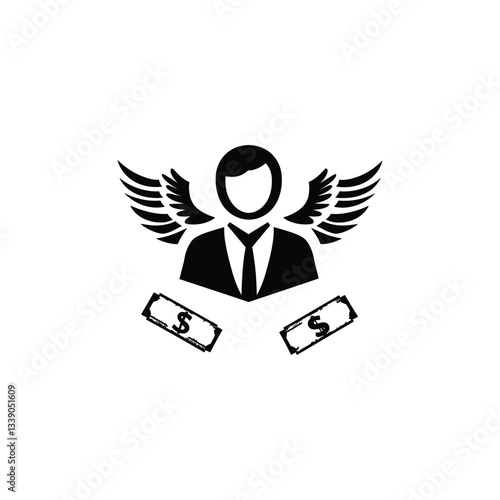 stock market icon Winged Business Icon: Black-and-White Illustration of a Suited Figure with Dollar Bills and Aspirational Wings