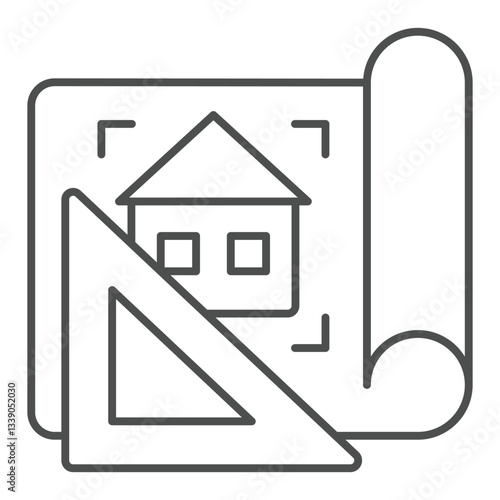 Project drawing thin line icon, construction plan concept. Vector graphics. Paper house project with ruler sign on white background, outline style icon for mobile or web design.