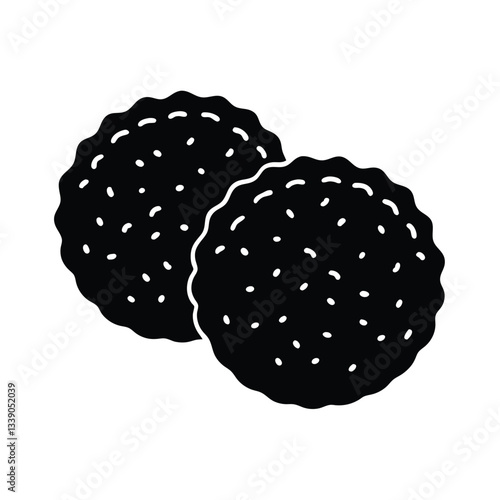 Two Round Crispy Cookies, Sweet Snacks, Black and White Icon