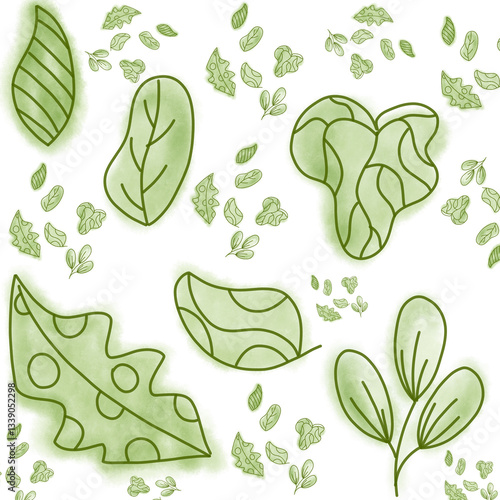 seamless background with green leaves, Wallpaper for decoration home, green pattern, doodle art.