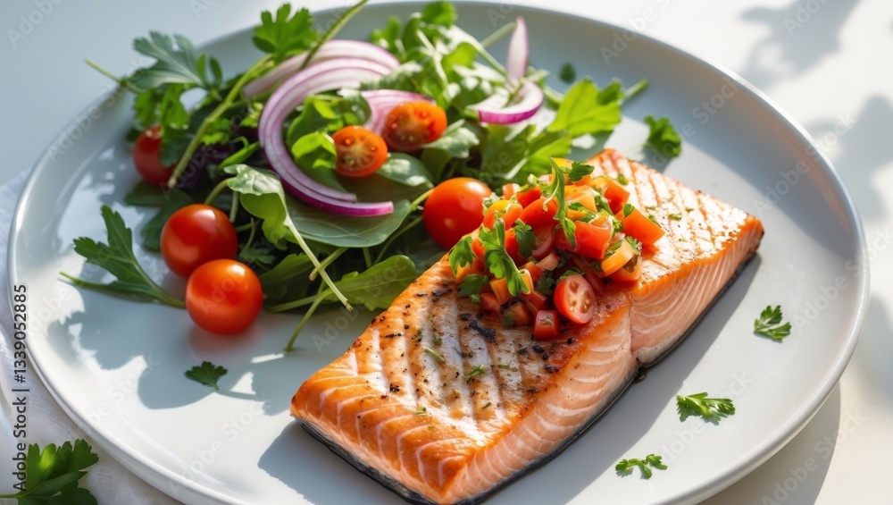 Grilled Salmon with Tomato Salsa and Salad on White Plate. Grilled Salmon with Tomato Salsa and Salad on White Plate.