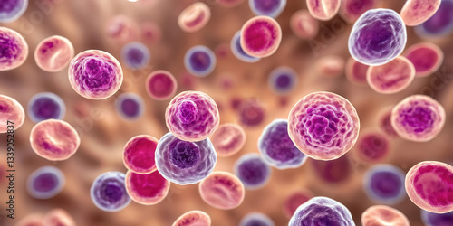 Microscopic view of leukemia cells with vibrant colors and detailed textures
