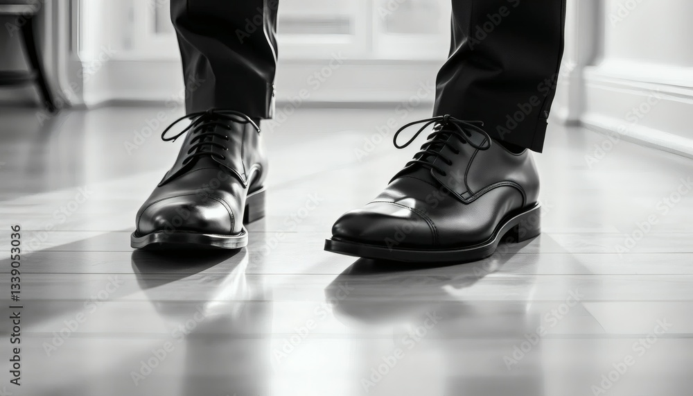 Elegant Black Leather Shoes on Wooden Floor Indoor Setting Elegant Black Leather Shoes on Wooden Floor Indoor Setting