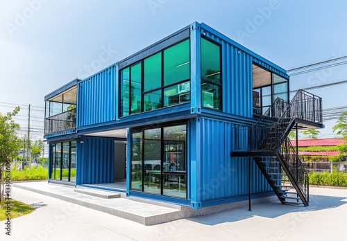 Two blue shipping containers stacked to form a two-story building with windows and doors