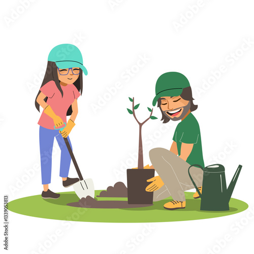People planting trees couple vector illustration. Eco volunteers team working outside in nature together for ecology and a sustainability lifestyle conservation