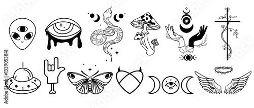Mystical symbols set with butterfly, third eye, moon phases, snakes, mushrooms, UFO, hands, and angel wings. Perfect for tattoos,esoteric designs,boho art, spiritual and psychedelic graphics.Vector