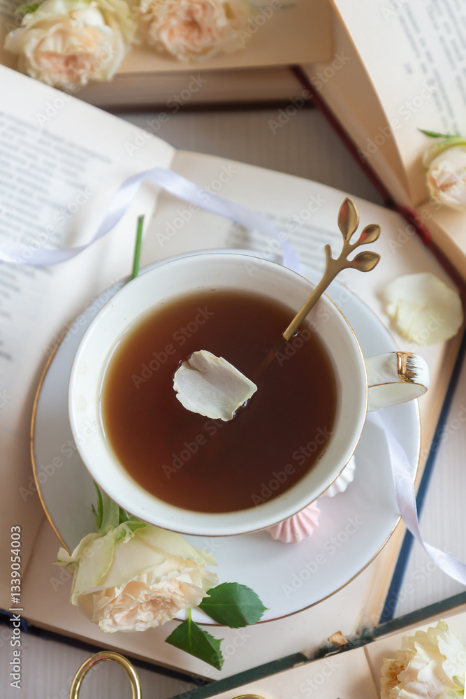 A cup of aromatic tea, a book and a rose on the table. A cup of aromatic tea, a book and a rose on the table.