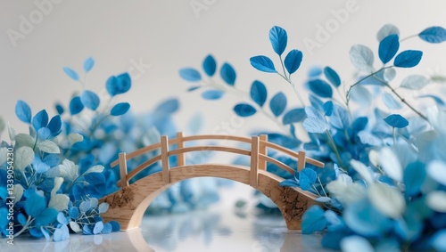 Miniature Landscape with a Wooden Bridge and Blue Foliage.