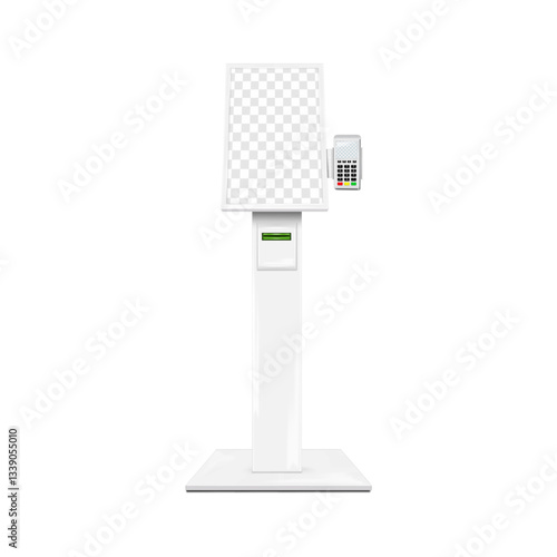 Floor standing self-service kiosk with touchscreen display, card swipe POS machine and receipt printer. Realistic 3d vector mockup. Interactive touch screen stand. Mock-up. Template for design