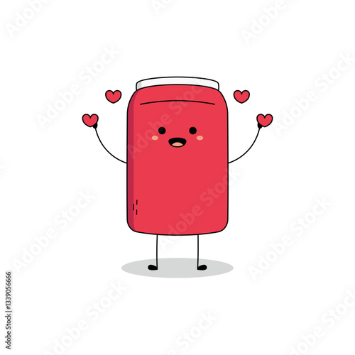 Cute red soda can cartoon character spreading heart love doodle