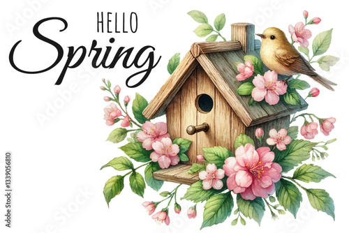 Floral springtime hand drawn watercolor illustration of a Birdhouse with Blossoms and Bird with spring quote isolated on white background. Perfect for greeting cards, seasonal decor and nature design