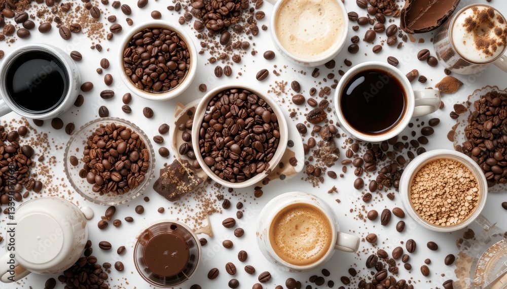 Obraz premium Cozy coffee tasting an overhead flavor exploration